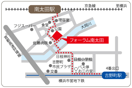 横浜市南区南太田1-7-20　京浜急行線 南太田駅下車 徒歩3分、横浜市営地下鉄ブルーライン 吉野町駅下車 徒歩7分